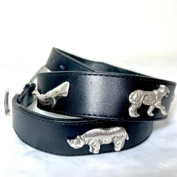 Vtg 1992 Brighton Honest Black Leather Safari Animal Belt 34  display picture 2
